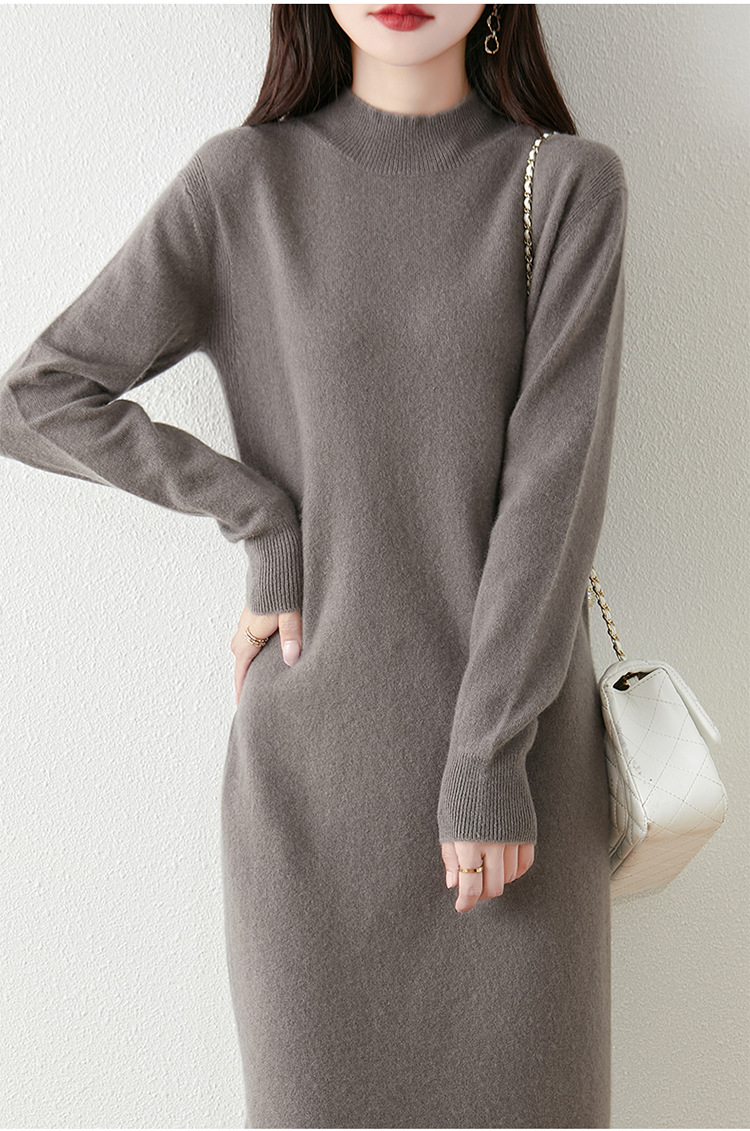 ロングワンピース 上質シンプル モックネックニットワンピース