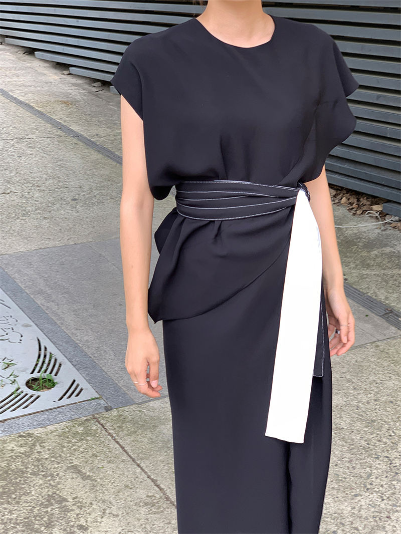 韓国風ノースリーブロングワンピース ウエストリボン付き