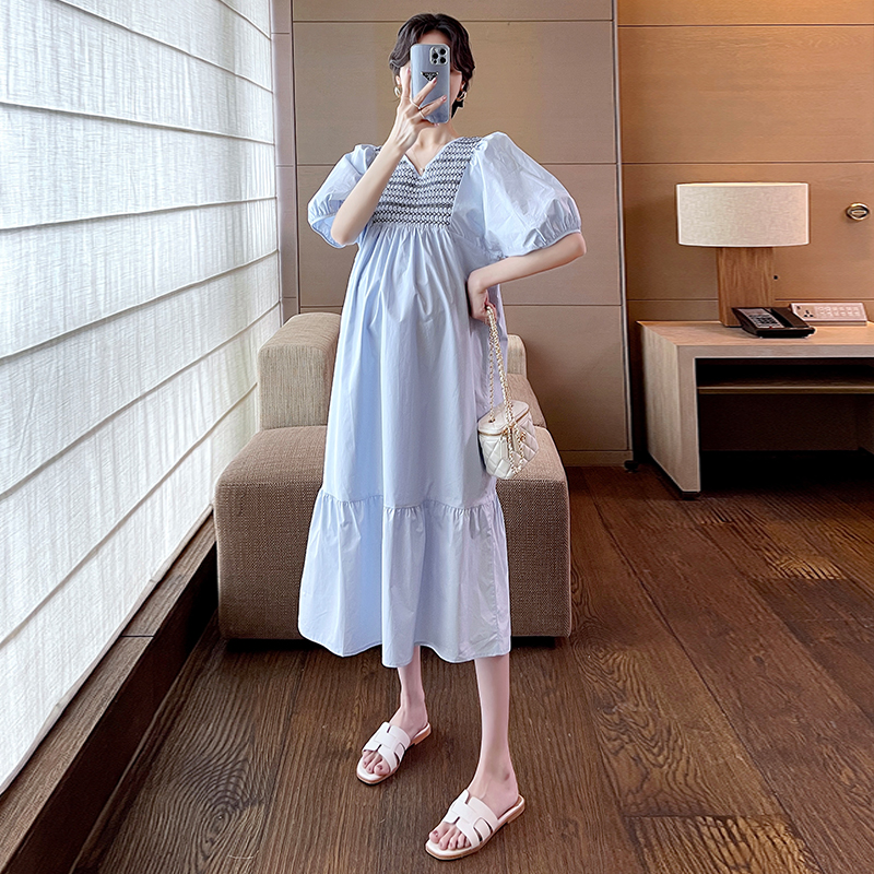 ロングワンピース シャツ 胸元刺繍パフスリーブ襟付きティアードロングワンピース