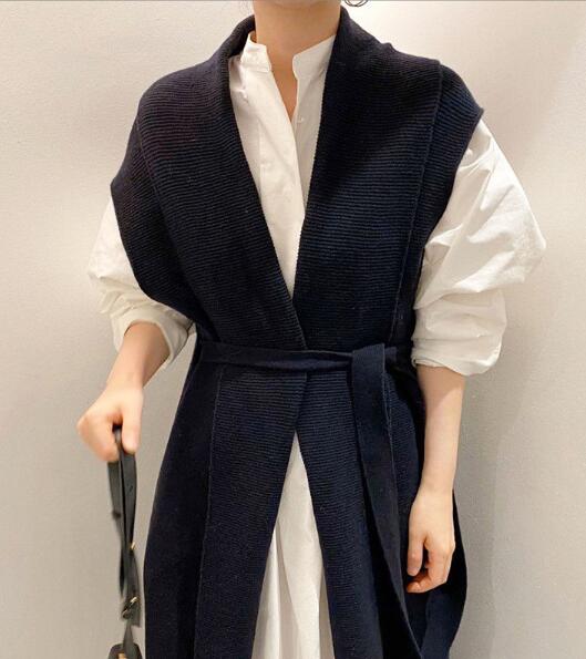 ロングワンピース 秋冬新作 開襟シャツ重ね着風ニットベストワンピース