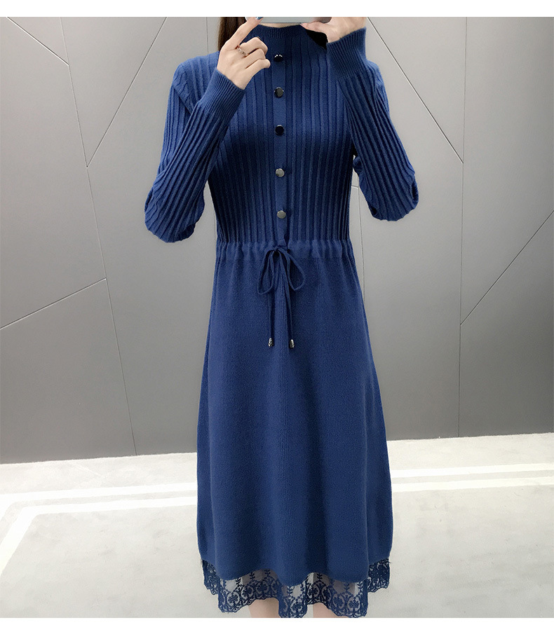 ロングワンピース レース付きリブニット ハイネックワンピース