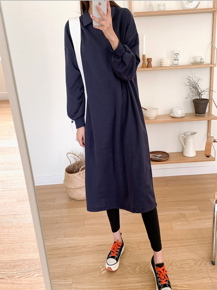 ロングワンピース ポロシャツ 襟付きゆったりシルエット長袖ワンピース
