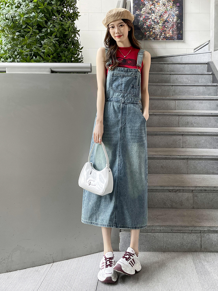 ロングワンピース デニム ゆったりデニムサロペットワンピース