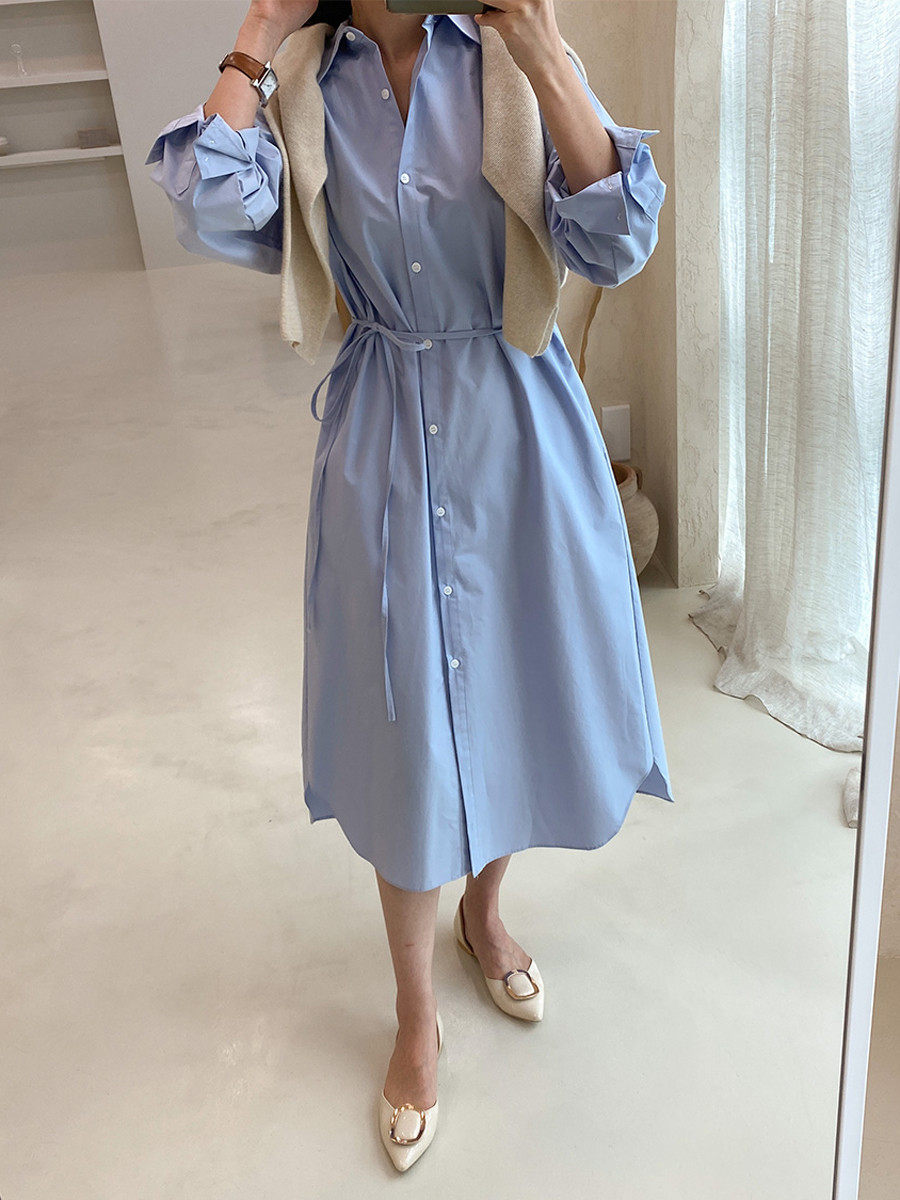 ロングワンピース シャツ 袖リボンデザインウエストマークシャツワンピース