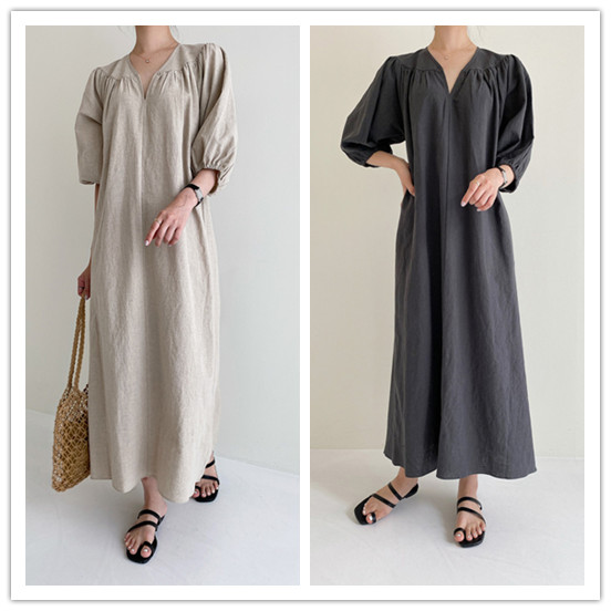 ロングワンピース 新作マキシ丈パフスリーブワンピース体型カバーゆったりデザイン