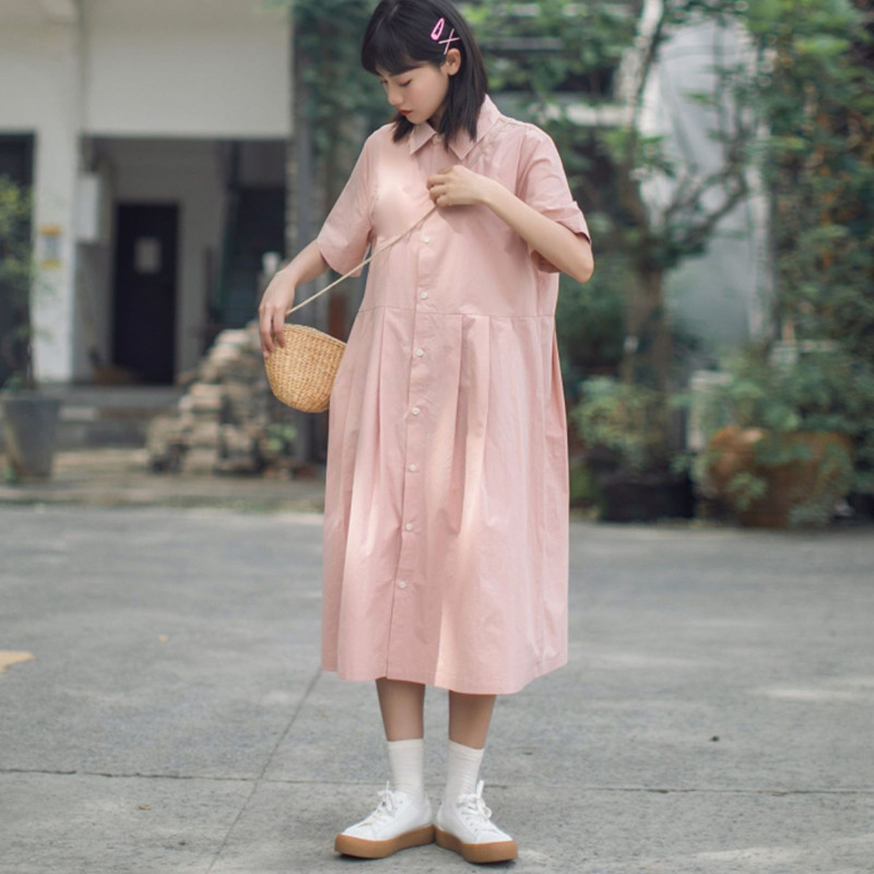 ロングワンピース シャツ 半袖襟付きボタン前開きふんわりロングワンピース