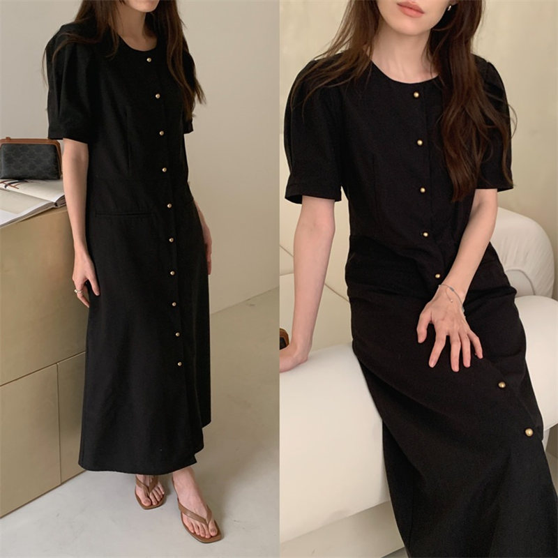 ロングワンピース 韓国風パフスリーブシャツワンピース