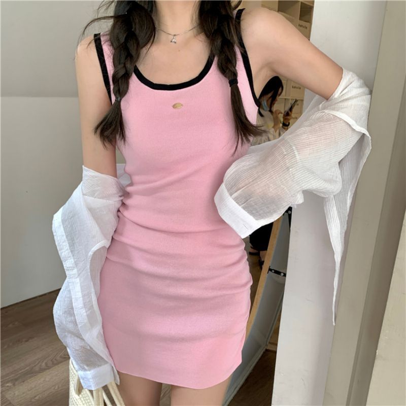 ロングワンピース 夏季新作ニットノースリーブワンピース韓国風レディース