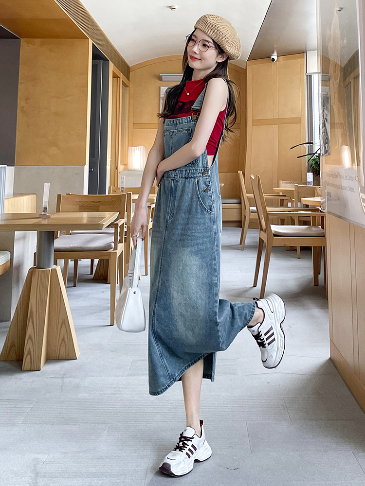 ロングワンピース デニム ゆったりデニムサロペットワンピース