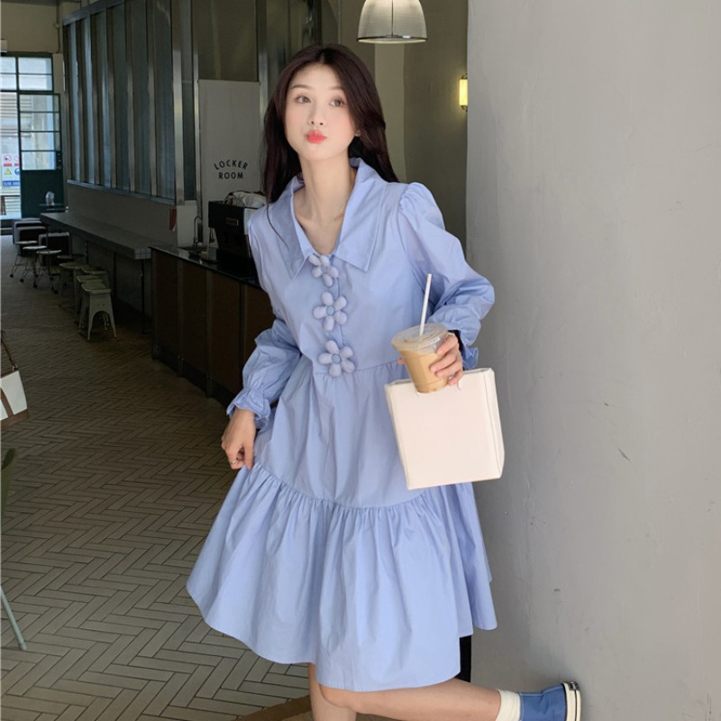 ロングワンピース シャツ 丸襟フラワーモチーフ付きティアードロングワンピース