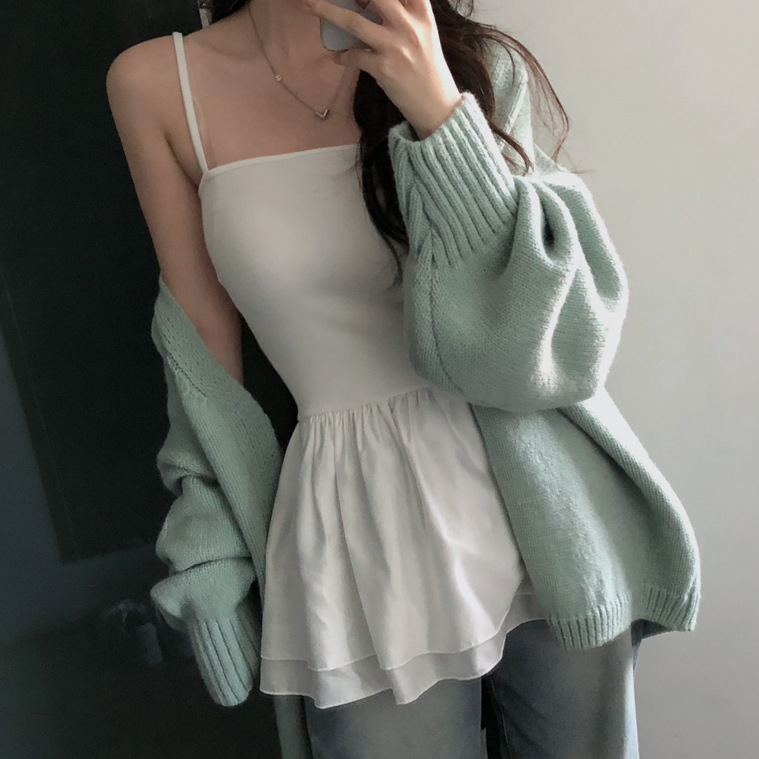 ロングワンピース 春新作 レトロ フリル キャミ ワンピース 白