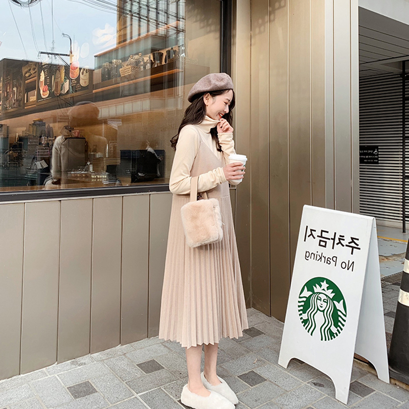 ロングワンピース タートルネック 重ね着風プリーツスカートタートルネック長袖ワンピース