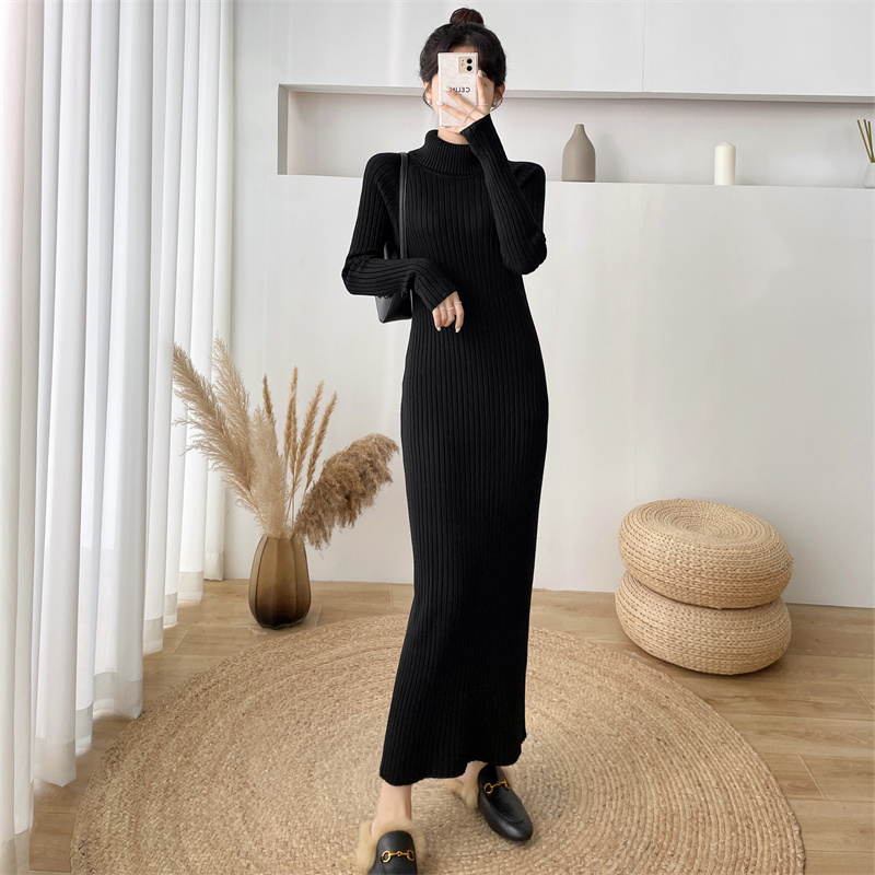 ロングワンピース タートルネック 縦織りリブ編み高襟ロング丈ニットワンピース