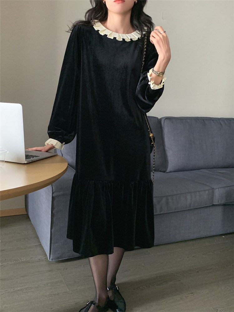 ロングワンピース 冬の大人気フリル襟ベルベット長袖ワンピース