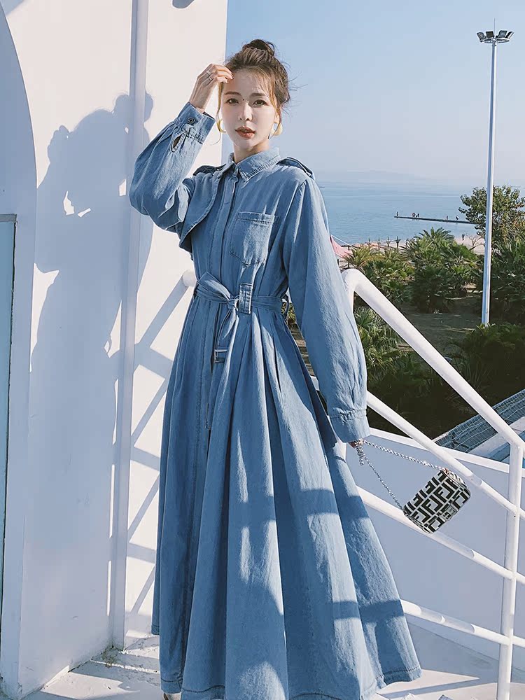 ロングワンピース シャツ ベルト付きデニム風ロングシャツワンピース