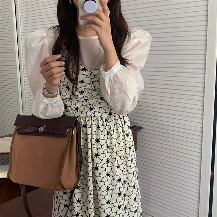 ロングワンピース ふんわりパフスリーブとフレアキャミワンピースの2点セット