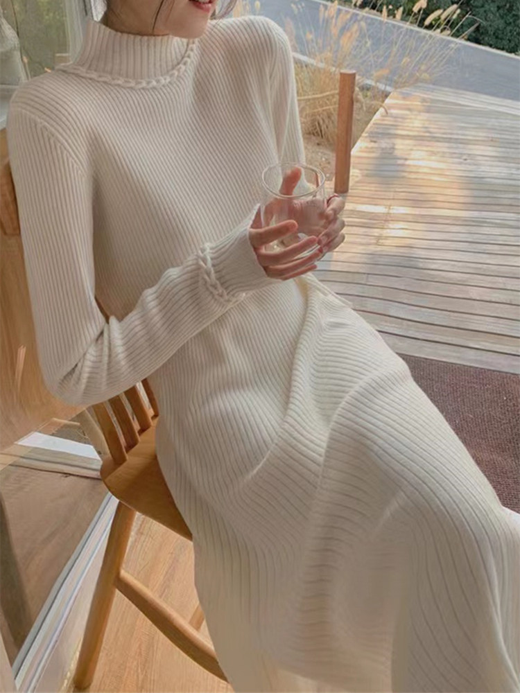 ロングワンピース タートルネック リブニットタートルネックロングワンピース