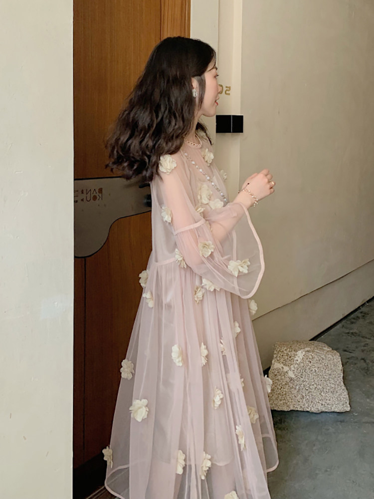 ロングワンピース レース 立体花モチーフ付きシアーチュールロングワンピース