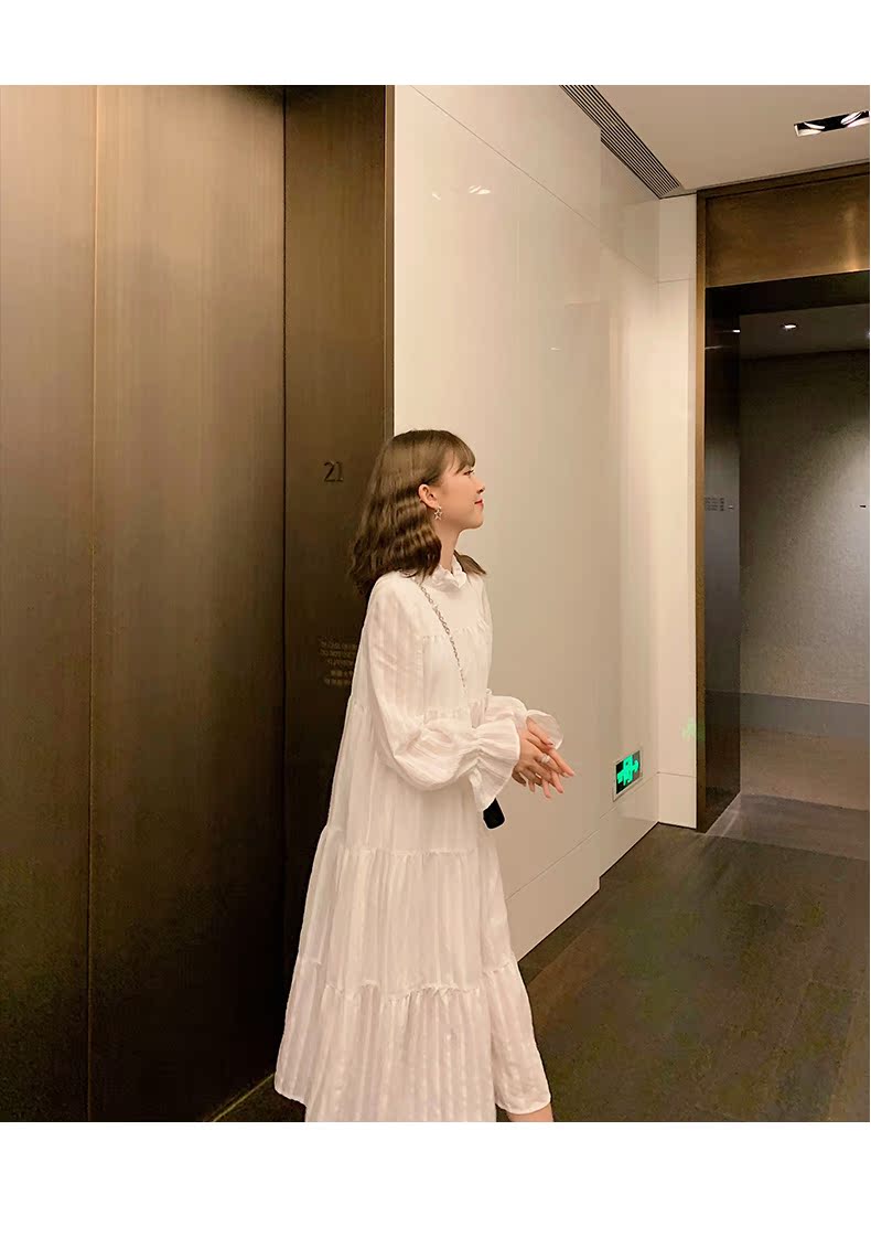 ロングワンピース シャツ ティアードフリル襟リボン袖シャツワンピース