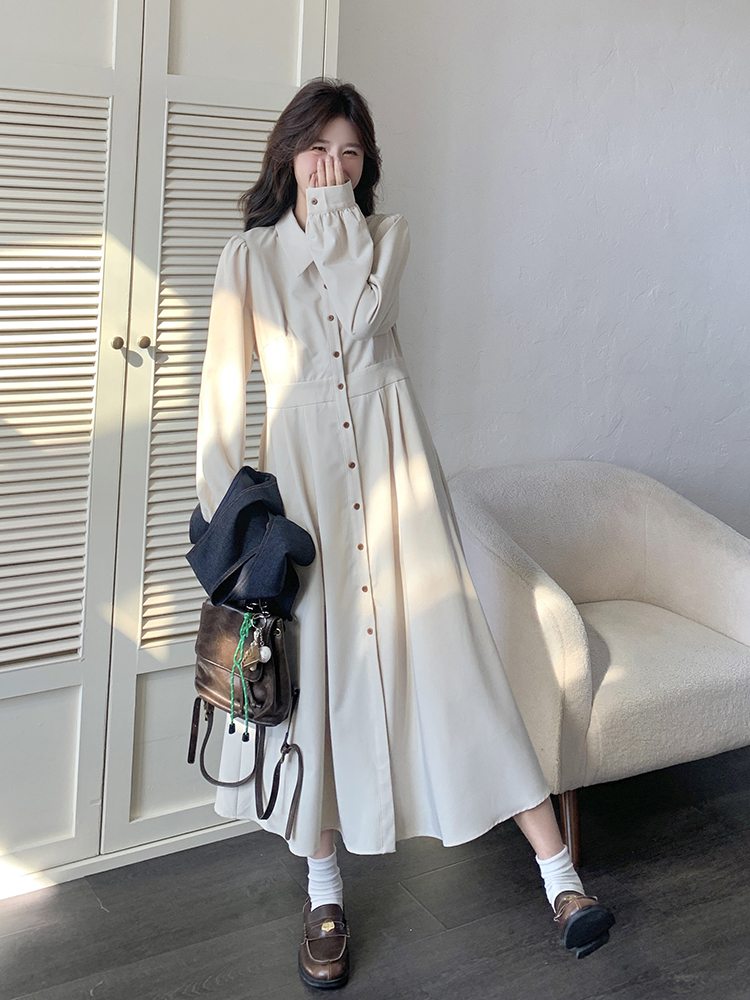 ロングワンピース シャツ 襟付きベスト重ね着風ロングシャツワンピース