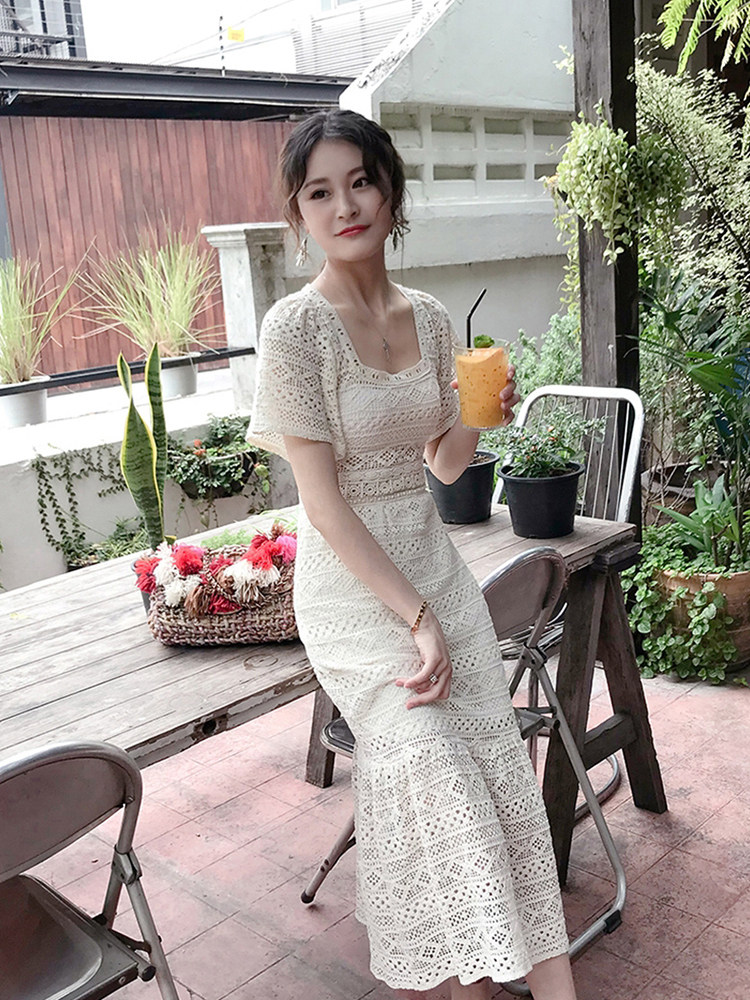 ロングワンピース レース 透かし編み総レースの優雅な半袖ロングワンピース