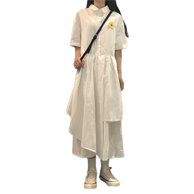 ロングワンピース シャツ フラワー刺繍付き半袖シャツワンピース