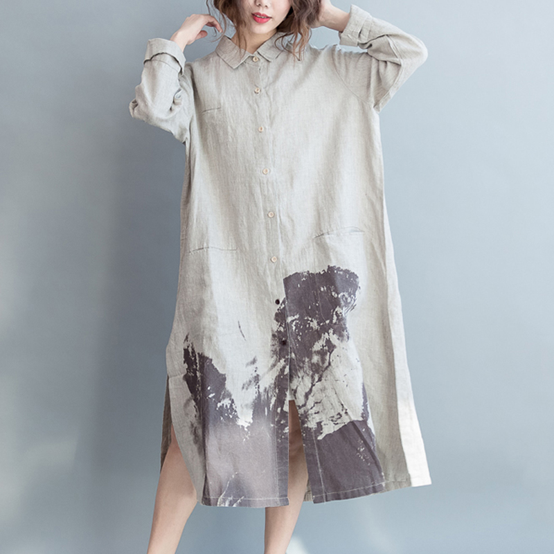 ロングワンピース 墨絵風プリント襟付きロングシャツワンピース