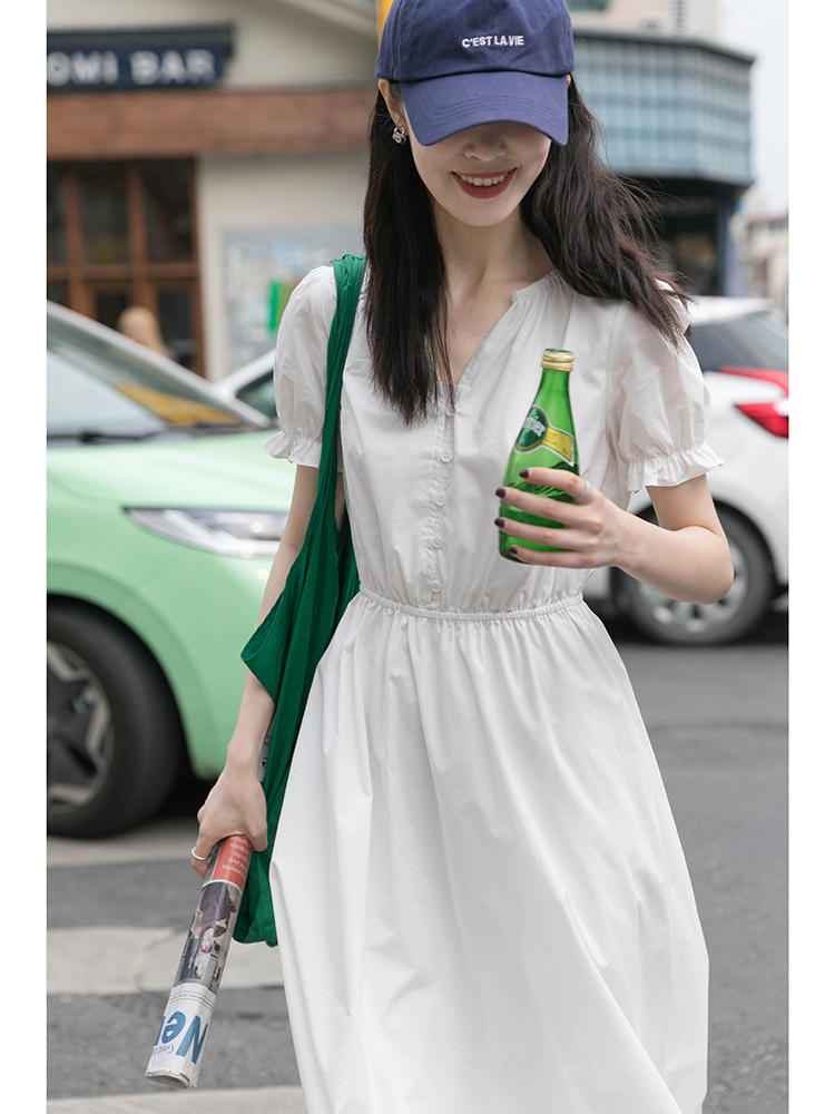 ロングワンピース シャツ パフスリーブ前開きウエストマークロングワンピース