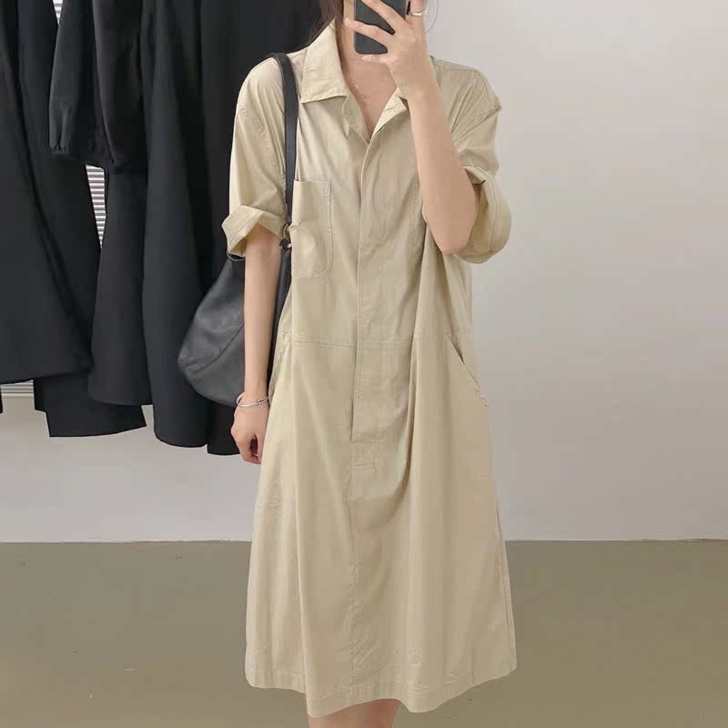 ロングワンピース シャツ 襟付きロールアップ袖ロングシャツワンピース