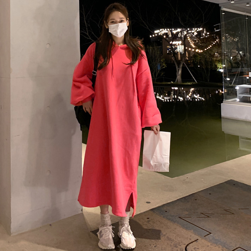 ロングワンピース スウェット ゆったりくつろぎフードロングワンピース