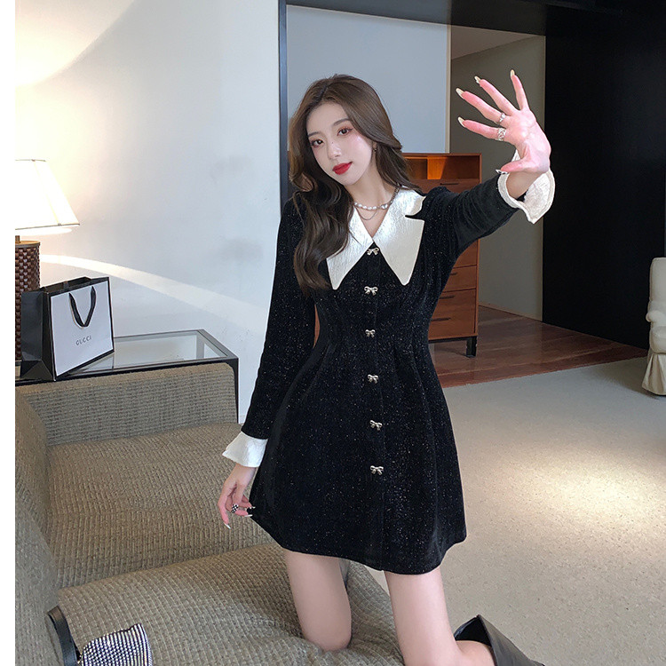 ロングワンピース 長袖シャツ風襟付きワンピース ウエスト細見え上品