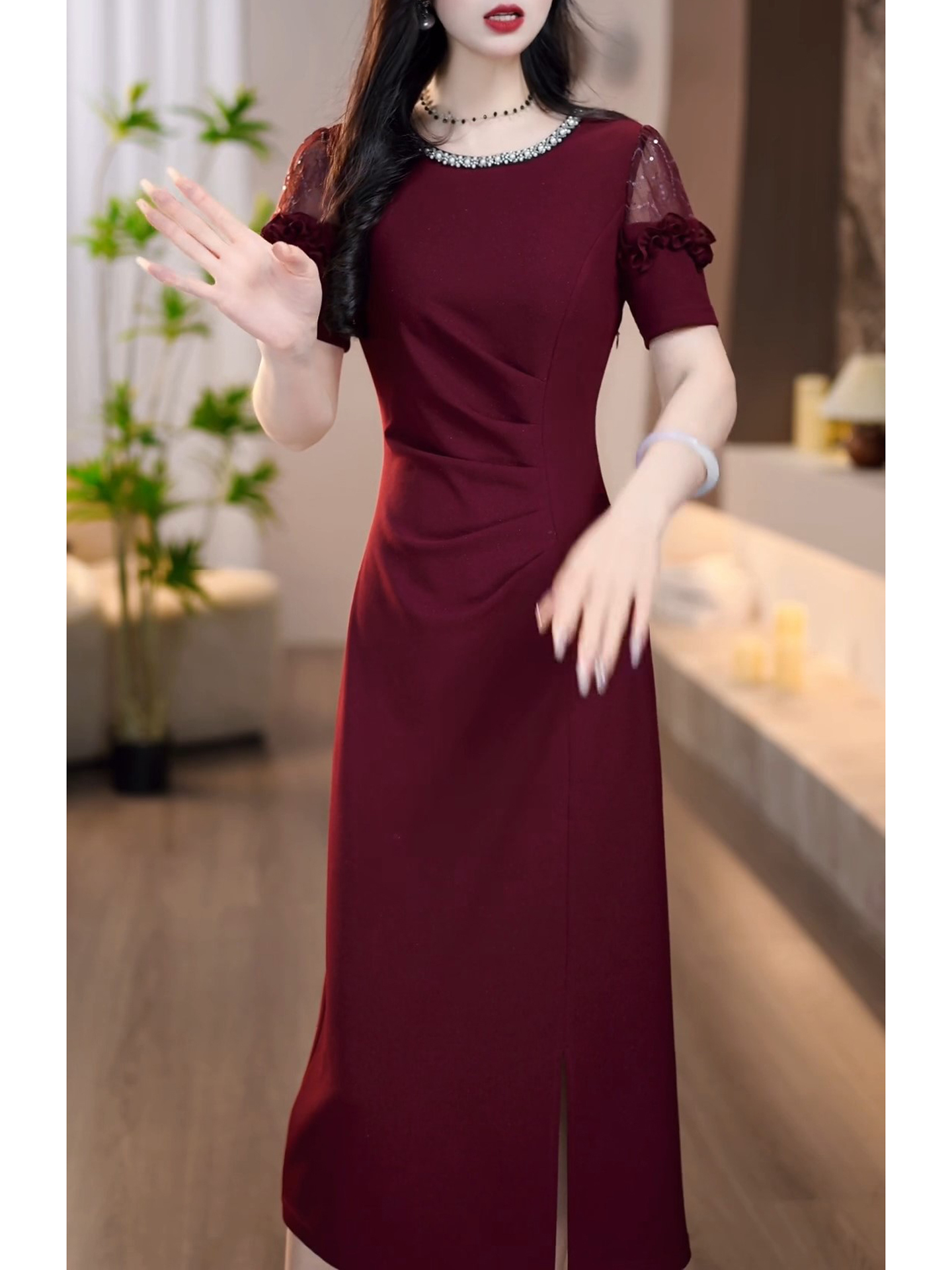 ロングワンピース レース 華麗装飾レース袖ロングワンピース