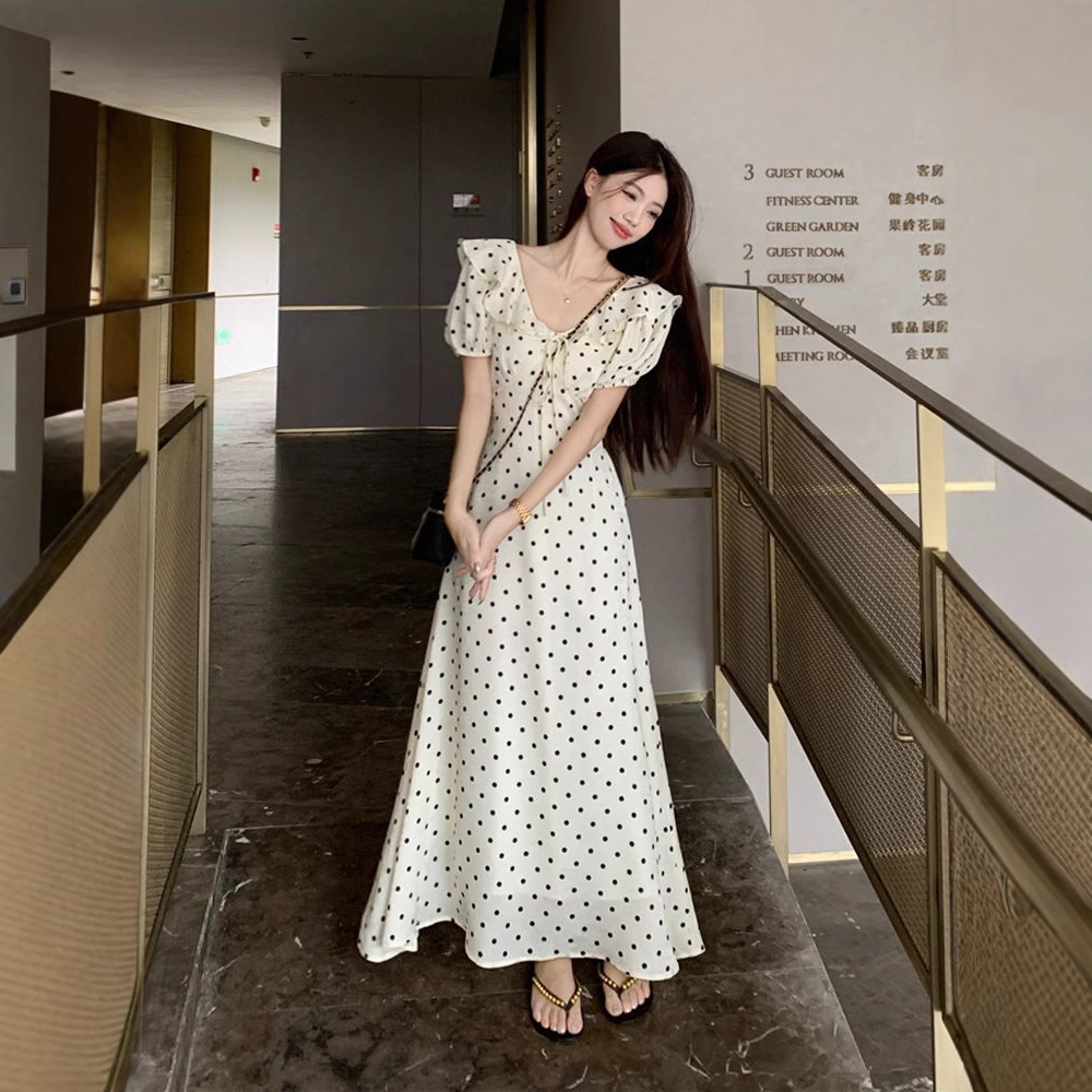 水玉フレアロングワンピース袖付きレディース服