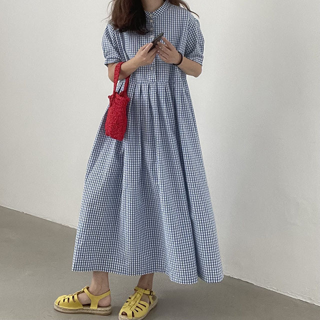 ロングワンピース 春夏新作 ギンガムチェック シャツワンピース 体型カバー 上品