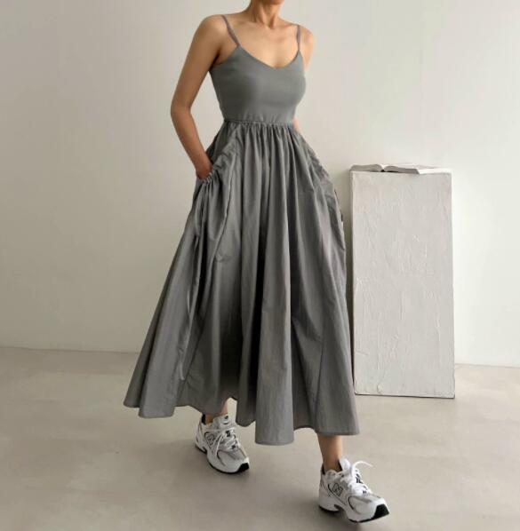 ロングワンピース ハイウエストキャミワンピース大人可愛いロング丈