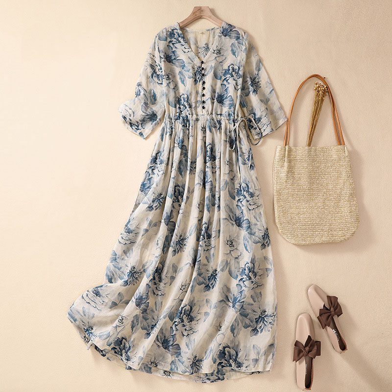 花柄フレアロングワンピース 半袖 丸首 春夏 大きいサイズ対応