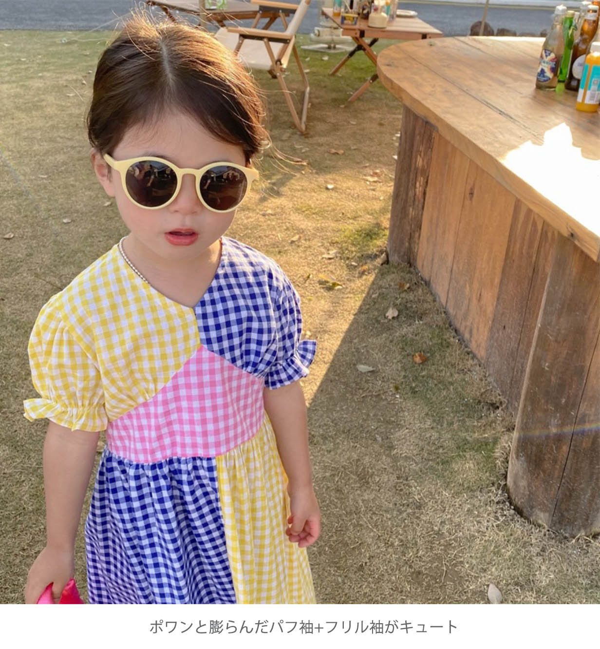 ロングワンピース キッズ女の子ギンガムチェック配色ワンピース