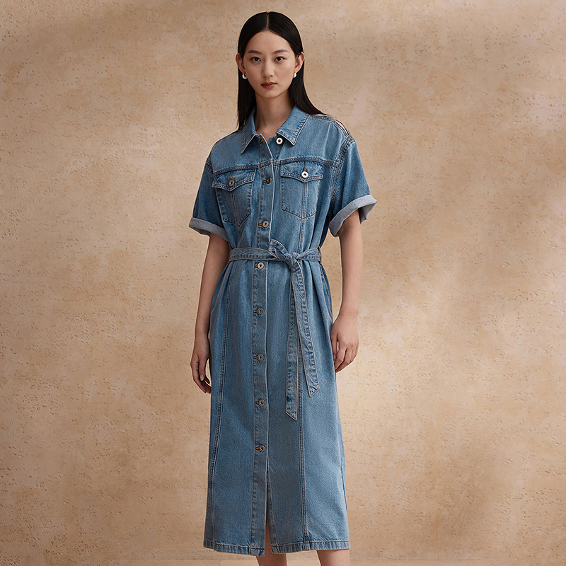 ロングワンピース デニム ゆったり着こなし前開きデニムワンピース