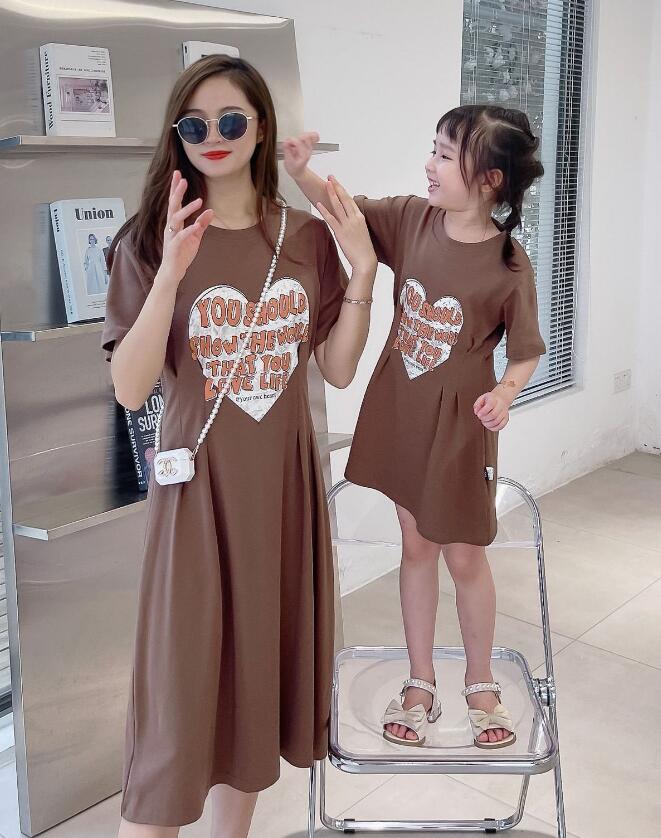 ロングワンピース 親子お揃いワンピース キッズ ハート柄 カジュアル ブラウン