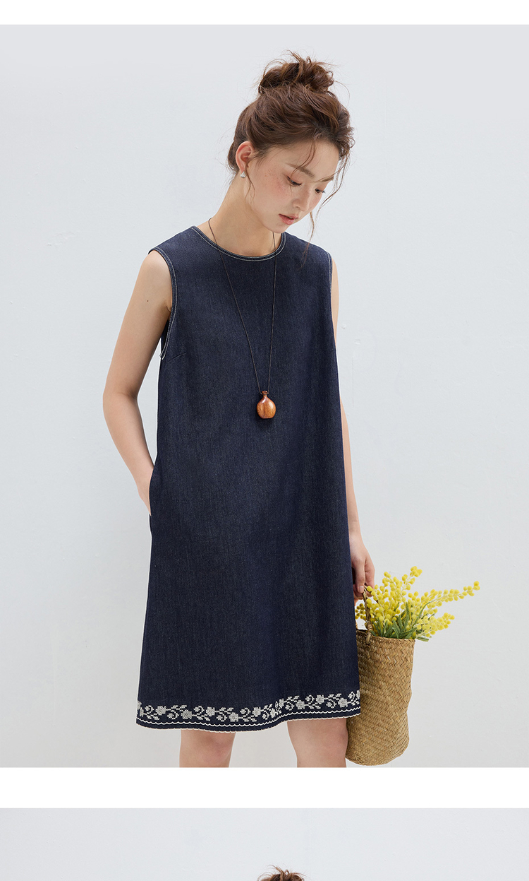 ワンピース レース 刺繍裾デニムノースリーブワンピース