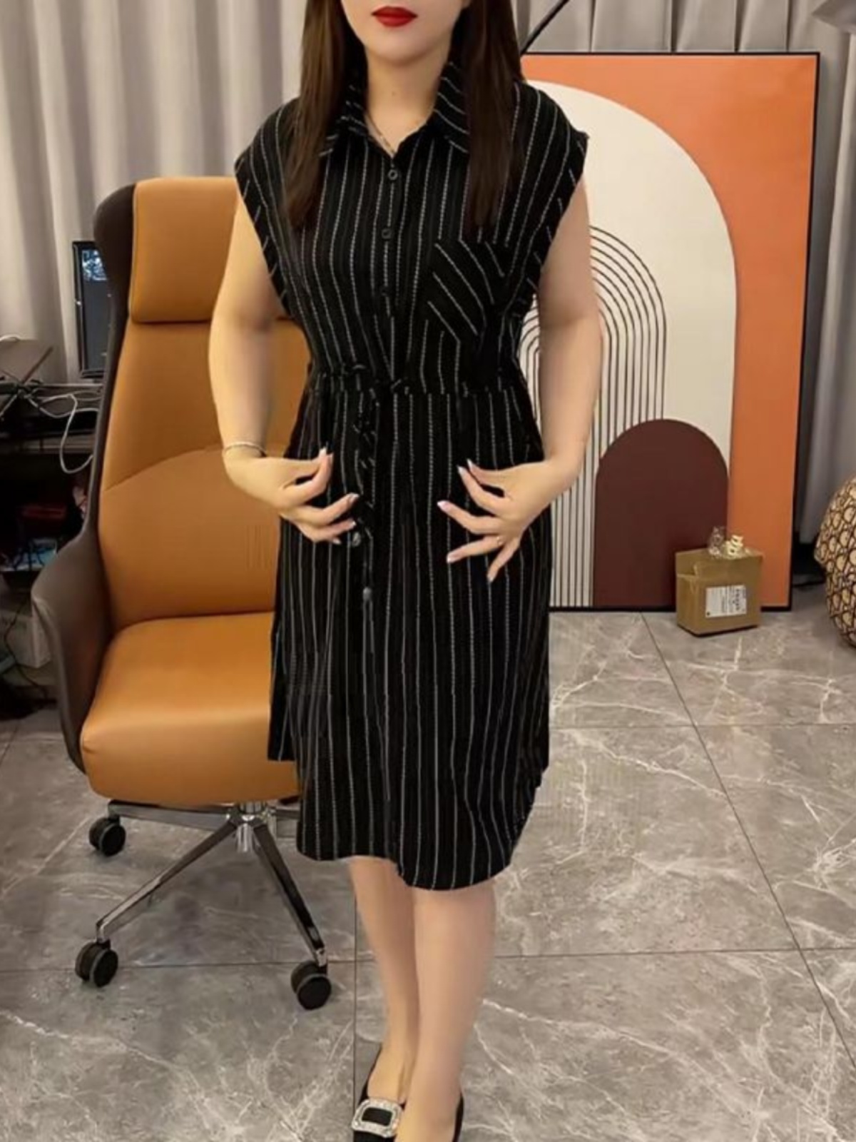 ロングワンピース シャツ 縦縞柄袖なしシャツワンピース