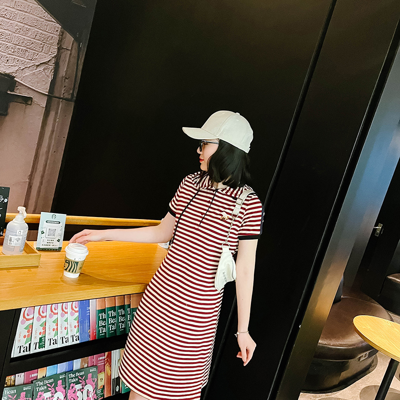 ワンピース スウェット フード付き横縞ゆったりワンピース