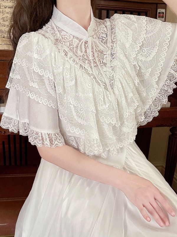 ロングワンピース レース フリル 半袖 ロング ワンピース 白 レディース