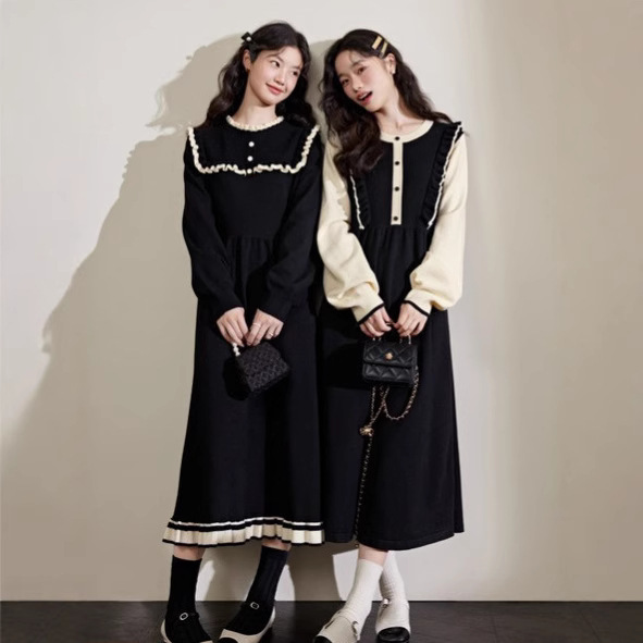 ロングワンピース フリル襟レトロニットワンピース