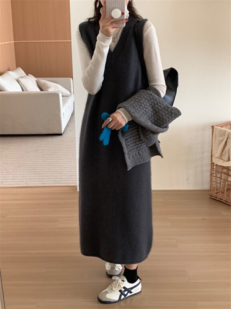 ロングワンピース シンプル上品ニットベストワンピース