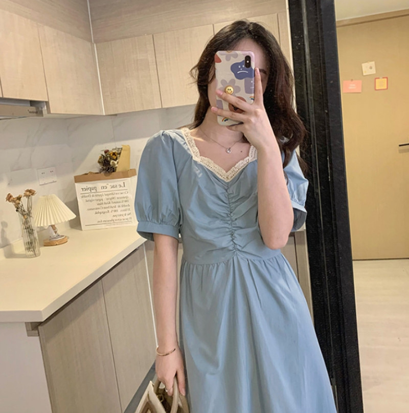 ロングワンピース シャツ レース襟付きパフスリーブシャーリングロングワンピース