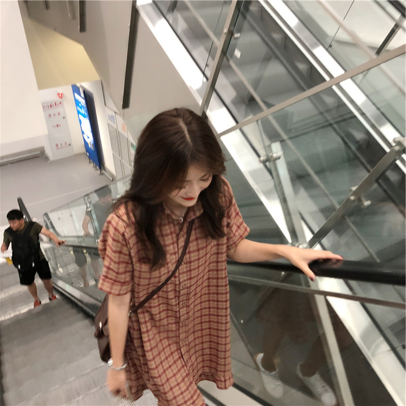 ロングワンピース シャツ チェック柄裾フリル半袖襟付きロングワンピース