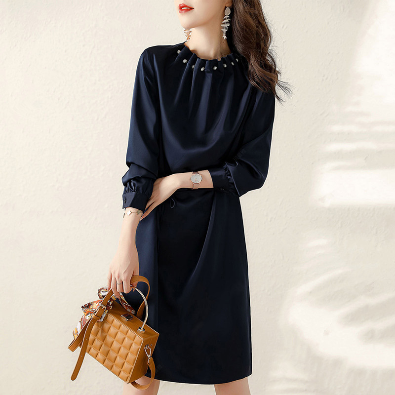 ロングワンピース 韓国風パール付き長袖シャツワンピース