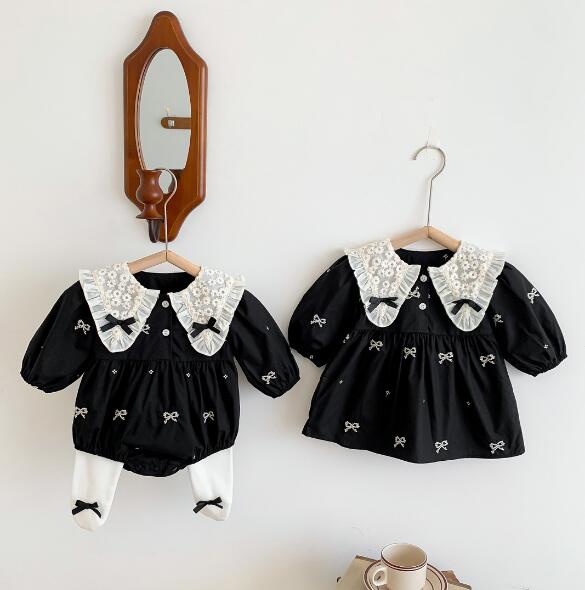 ロングワンピース ベビー服ロンパースワンピースセット レース襟リボン柄