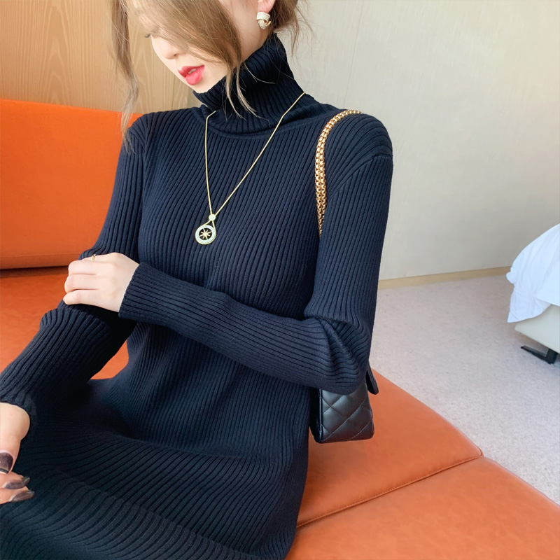 ロングワンピース タートルネック リブ編み縦畝タートルネック長袖ロングワンピース